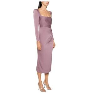 Alex Perry twist detail satin Mauve dress Square Neck Long Sleeve Midi Dress 8